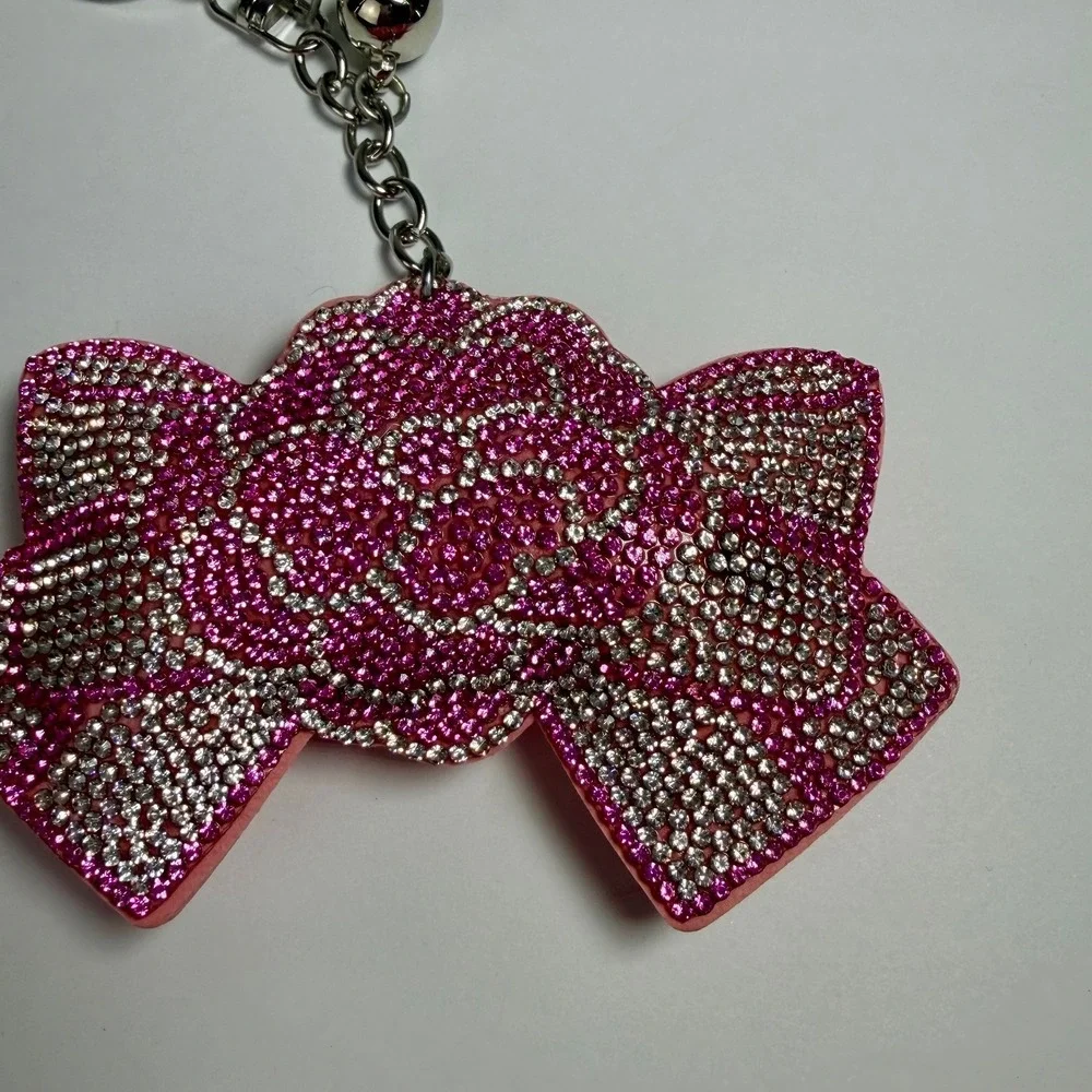 Sparkly Keychain Pink Rhinestone Bow Tassel Bell Bag Charm Coquette‎ Y2K Purse